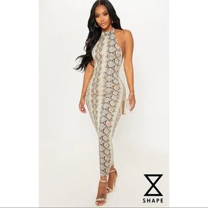 PRETTY LITTLE THING TAUPE SNAKE PRINT MAXI DRESS